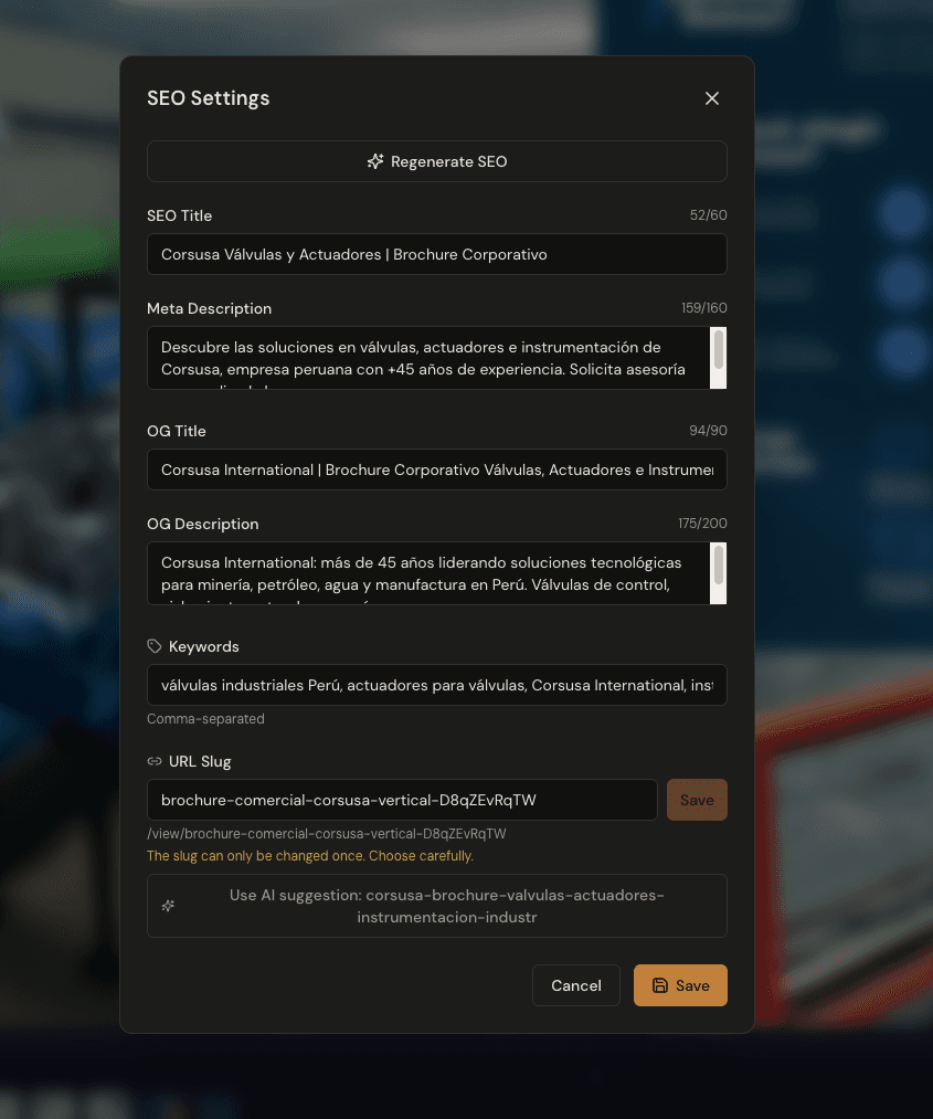 SEO Settings dialog with AI-generated title, description, and keywords