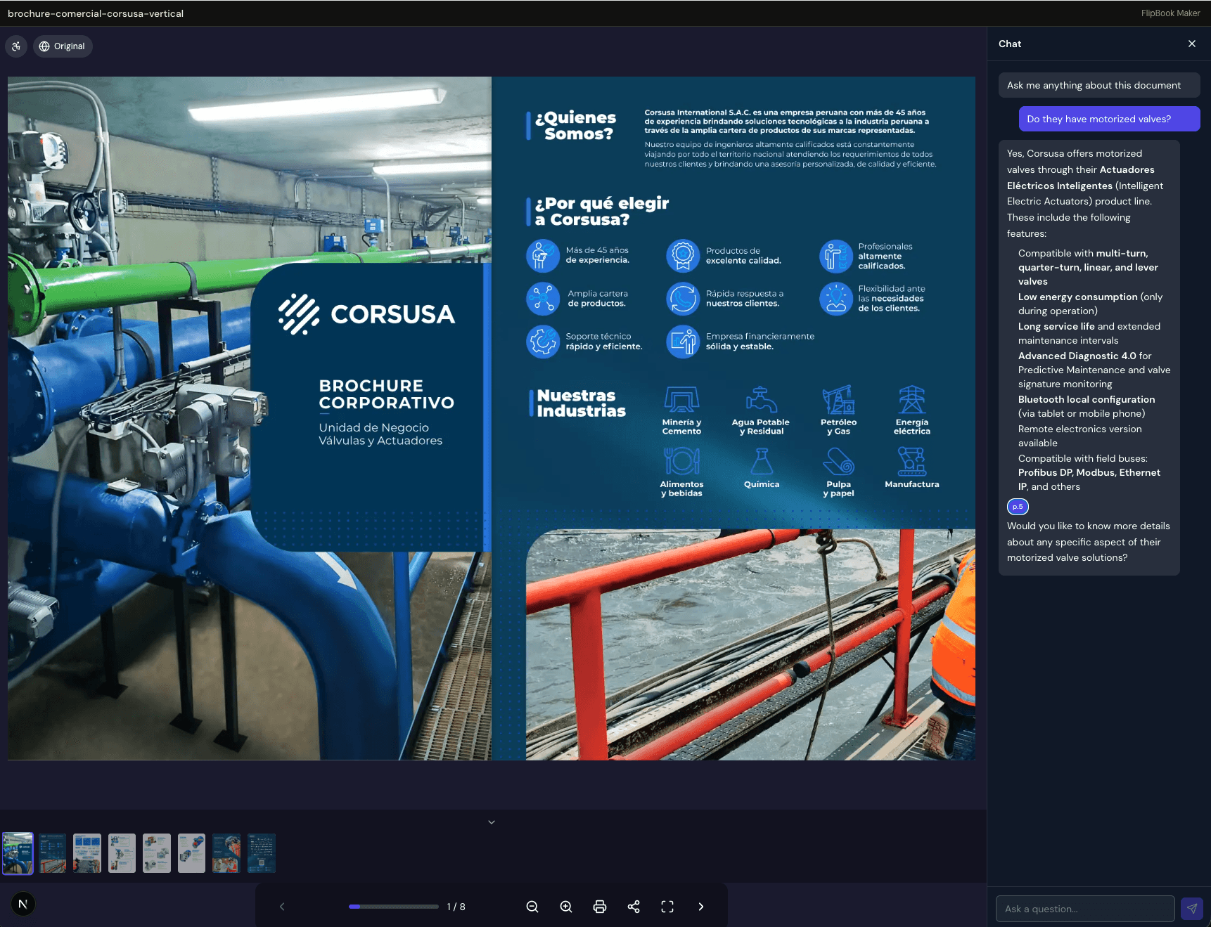 AI chatbot answering questions about a flipbook document