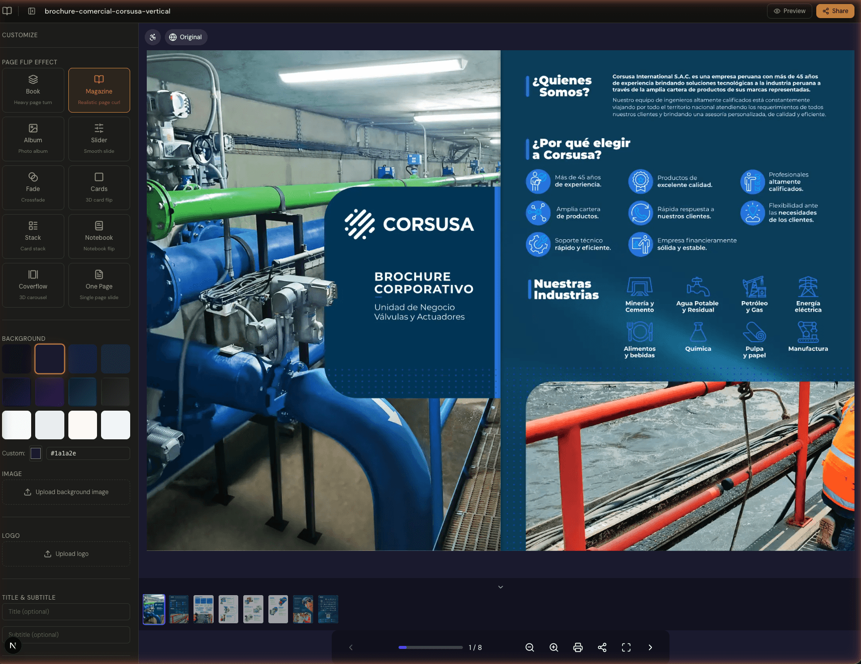 Flipebook editor showing 10 flip effects with live preview