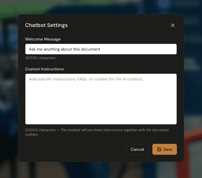 The Chatbot Settings panel, with a welcome message field and a custom instructions text area