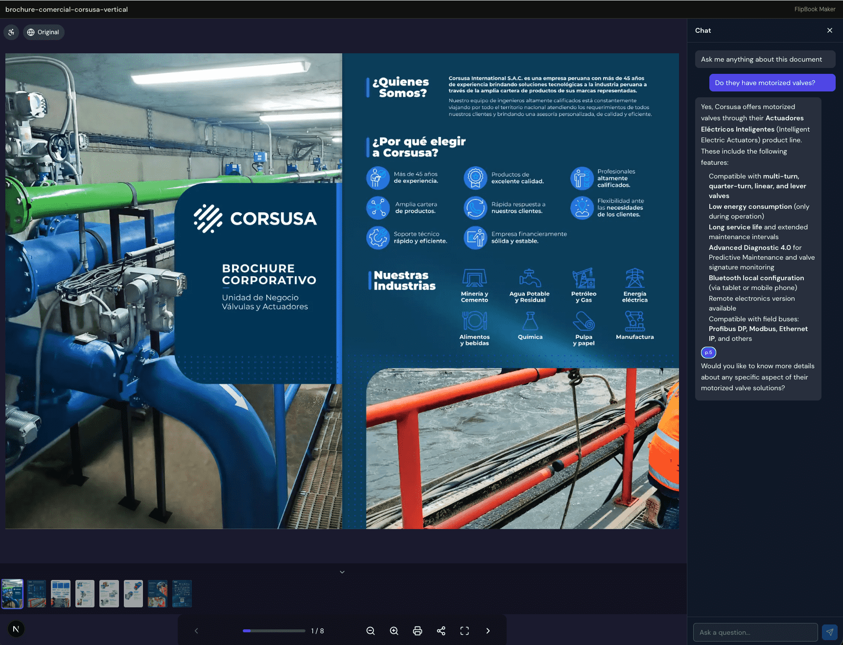 A flipbook viewer with the chat panel open, showing the reader asking whether the product line includes motorized valves and the AI answering with details pulled from the brochure